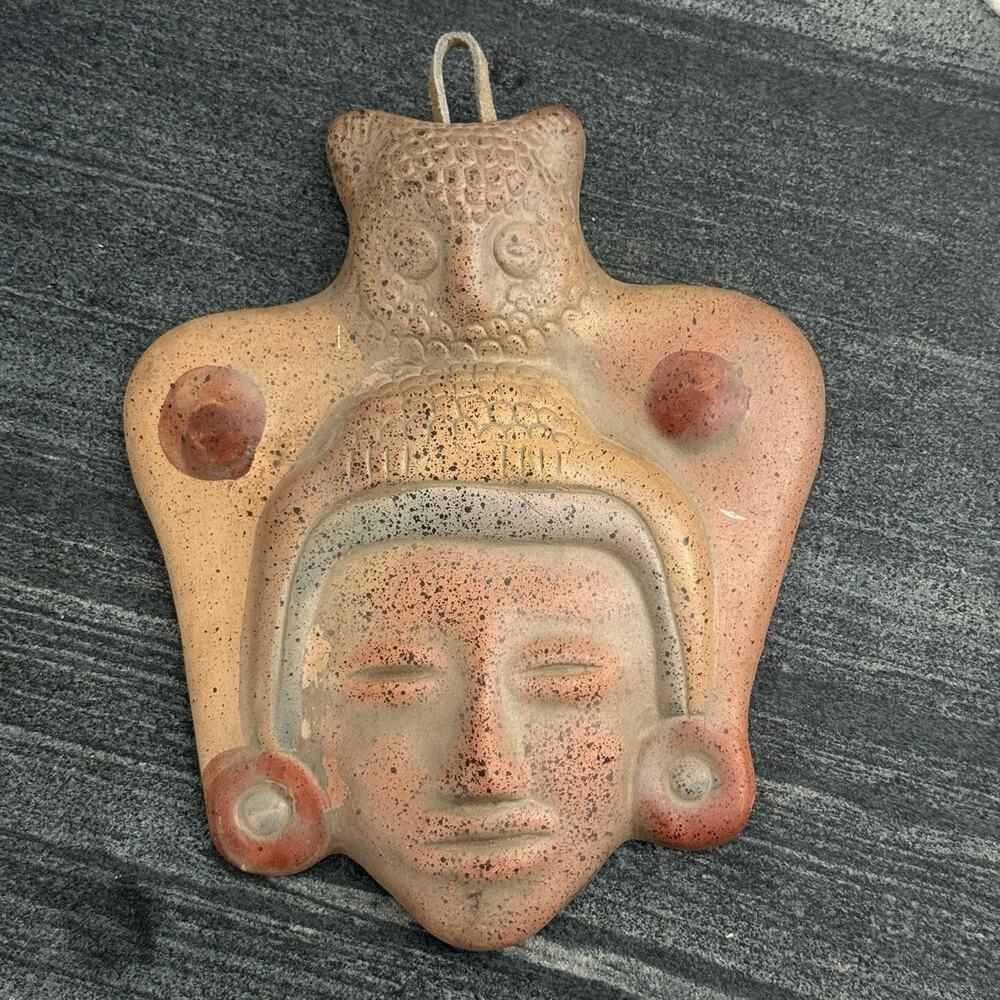 Mexican Folk Art Tribal Face Owl Mask Clay Terracotta Pottery‎ Wall Art 9x7.5”